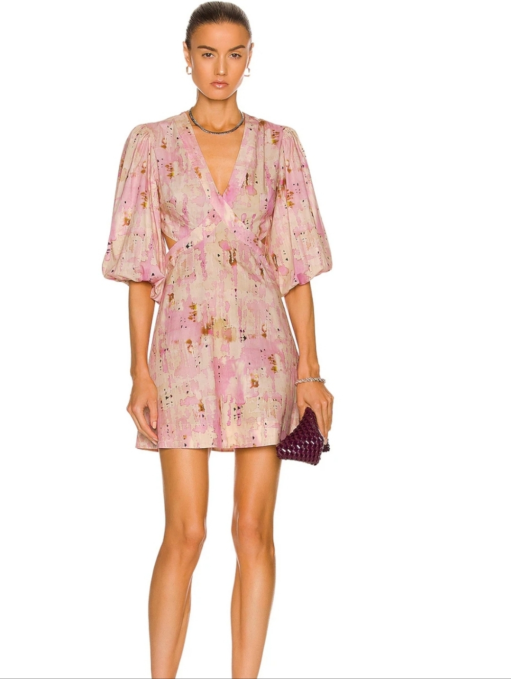 Watercolor Pink V-Neck Puff Sleeve Mini Dress